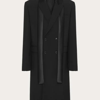 Cappotto Doppiopetto In Lana Con Collo A Sciarpa In Nylon